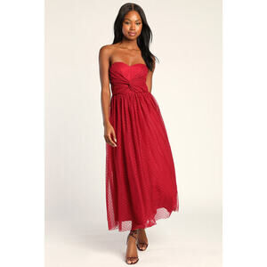 Lulus Sweet Selection Wine Red Swiss Dot Strapless Midi Dress - Size S